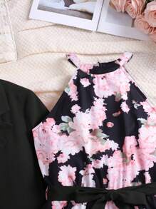 Teen Girls 2pcs Set Asymmetrical Hem Blazer & Loose Pants Suit With Floral Print, Elegant For & Commute, Autumn/Winter - Black - View 4