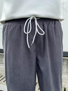 Manfinity Hypemode Pantalones casuales de pana rectos con cordón en la cintura para hombre - Gris Oscuro - Ver 4