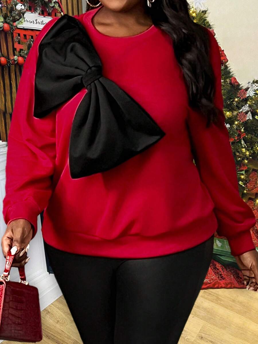 Slaydiva Plus Size Women Casual Loose Bowknot Decor Sweatshirt, Suitable For Everyday Wear In Autumn - Red - View 1