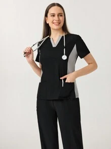 TaskEZ Contrast Color V-Neck Short Sleeve Top And Pants Uniform Scrub Set, Nurse - Black - View 3