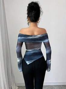 Selianne 女式露肩长袖简约T恤，适合日常休闲穿着，图案T恤，女式春季上衣