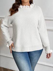 Celure Plus Size Women Contrast Color Lace Ruffled Shoulder Long Sleeve Casual Sweater, Autumn/Winter