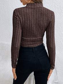 SHEIN Frenchy 1pc Women Stand Collar Long Sleeve Solid Color Minimalist Blouse, Casual For Daily Wear Winter Brown