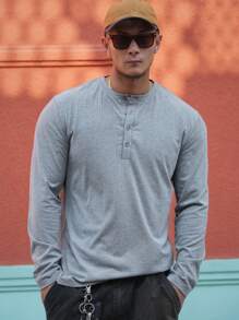 DAZY 1pc Men Plain Color Front Button Long Sleeve Casual T-Shirt Fall,Winter - Grey - View 12