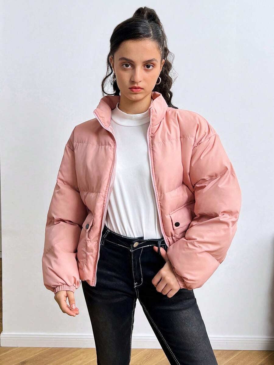 SHEIN Teen Girls' Pink Collar With Pockets Long Sleeve Fluffy Warm Korean Style Chic Jacket, Autumn/Winter - Pink - View 1