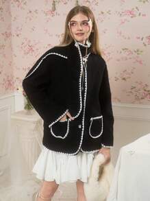 Teen Girls Casual Fall And Winter New Arrival, Contrast Binding Dual Pockets And Scarf Coat