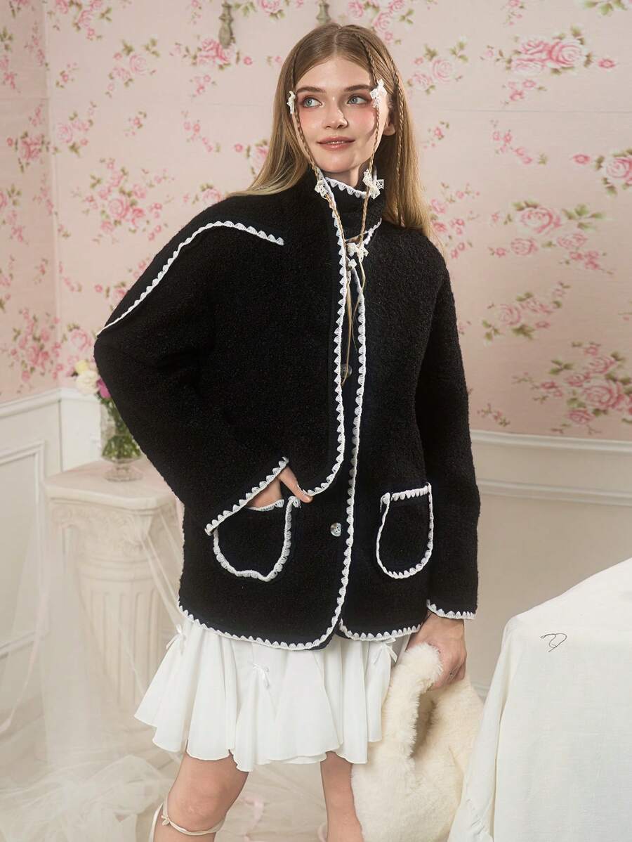 Teen Girls Casual Fall And Winter New Arrival, Contrast Binding Dual Pockets And Scarf Coat