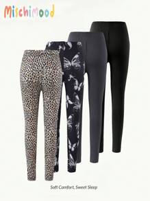 4pcs/Set Little Girls Simple Fashion Solid Color, Floral & Leopard Print Combination Series Leggings