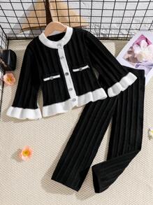 2pcs Little Girls Autumn/Winter Ruffled Collar Cardigan Sweater And Pants Set With Fake Pockets And Buttons, Knitted Outfit - Black - View 1