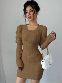 Elenzga 女士休闲纯色泡泡袖修身针织毛衣连衣裙，秋冬 - 咖啡棕 - 查看 4