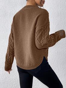 SHEIN Unity Suéter casual de unicolor con hombros caídos y bajo curvo, de manga larga, tejido, para otoño/invierno - Marrón - Ver 2
