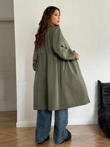 SHEIN EZwear 女士秋冬日常运动休闲工装褶饰军绿色长袖风衣 - 軍綠色 - 查看 2