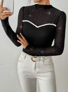 SHEIN Clasi 女士秋季时尚水钻和网眼拼接修身 T 恤图案 T 恤女式上衣 - 黑色 - 查看 5