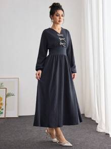 Modelyn Textured Bowknot Waist Women Sweatshirt Pullover Fall Outfit - Blue - View 6