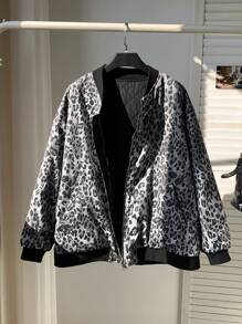 SHEIN EZwear Plus Size Women Casual Leopard Print Zip-Up Padded Coat, Everyday Wear, Autumn - Multicolor - View 4