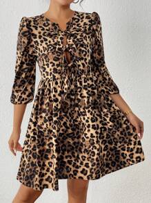 SHEIN LUNE Váy midi tay 3/4 buộc nơ phía trước họa tiết da báo - màu nâu - Xem 1