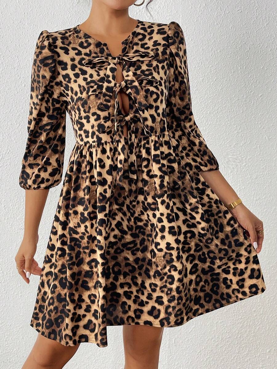 SHEIN LUNE Váy midi tay 3/4 buộc nơ phía trước họa tiết da báo - màu nâu - Xem 1