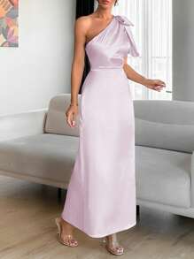 EURMUSE Chimpagne Color Tie Detail Satin Dress - Pink - View 4