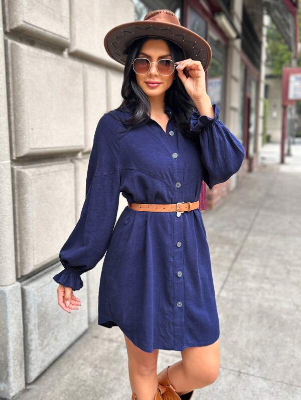 SHEIN LUNE Vestido camisa casual azul desgastado para mujer