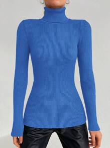 Cloudara Turtleneck Ribbed Knit Sweater - Navy Blue - View 5