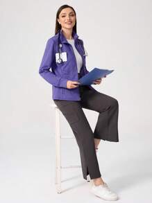 TaskEZ Women's Simple Solid Color Quilted Zip-Up Front Slant Pocket Practical Work Jacket - Purple - View 4