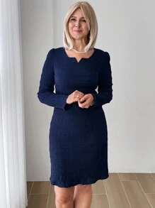 Miaspire Vestido de mujer de otoño con cuello en V con muesca, de tela texturizada azul