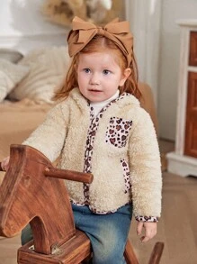 SHEIN Baby/Toddler Girls Beige Leopard Print Drawstring Zipper Hoodie Jacket - Apricot - View 1