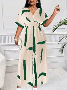 Maweii Plus Size Women's Elegant Black & White Color Block Print Criss-Cross Shoulder Short Sleeve Wide Leg - Multicolor - View 1