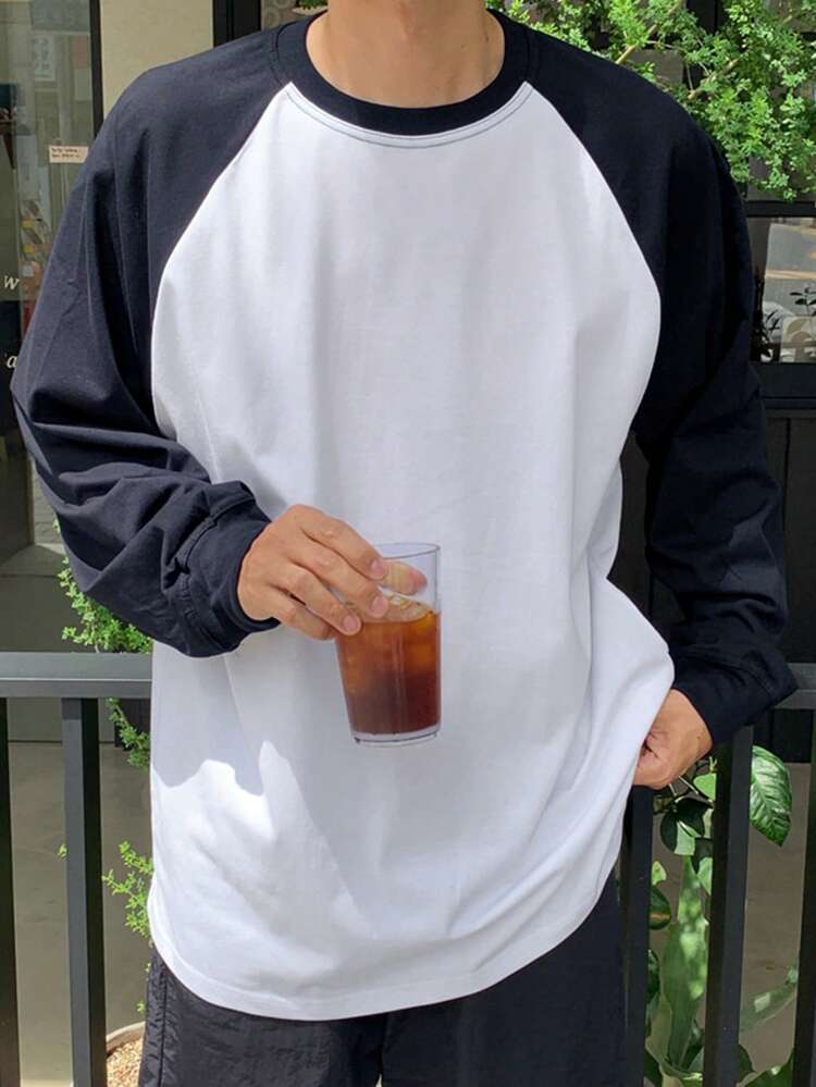 Autumn Patchwork Color Block Men's T-Shirt, Men Casual Daily Wear Long Sleeve Shirt, Fall