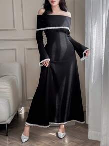 Modelyn Women's Autumn Patchwork Ruffle Trim Colorblock Off-Shoulder Long Sleeve Elegant Dress Long Evening Dresses - Black - View 1