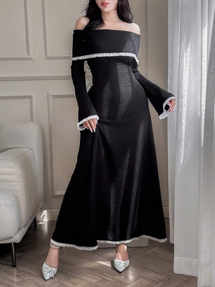 Modelyn Women's Autumn Patchwork Ruffle Trim Colorblock Off-Shoulder Long Sleeve Elegant Dress Long Evening Dresses - Black - View 1