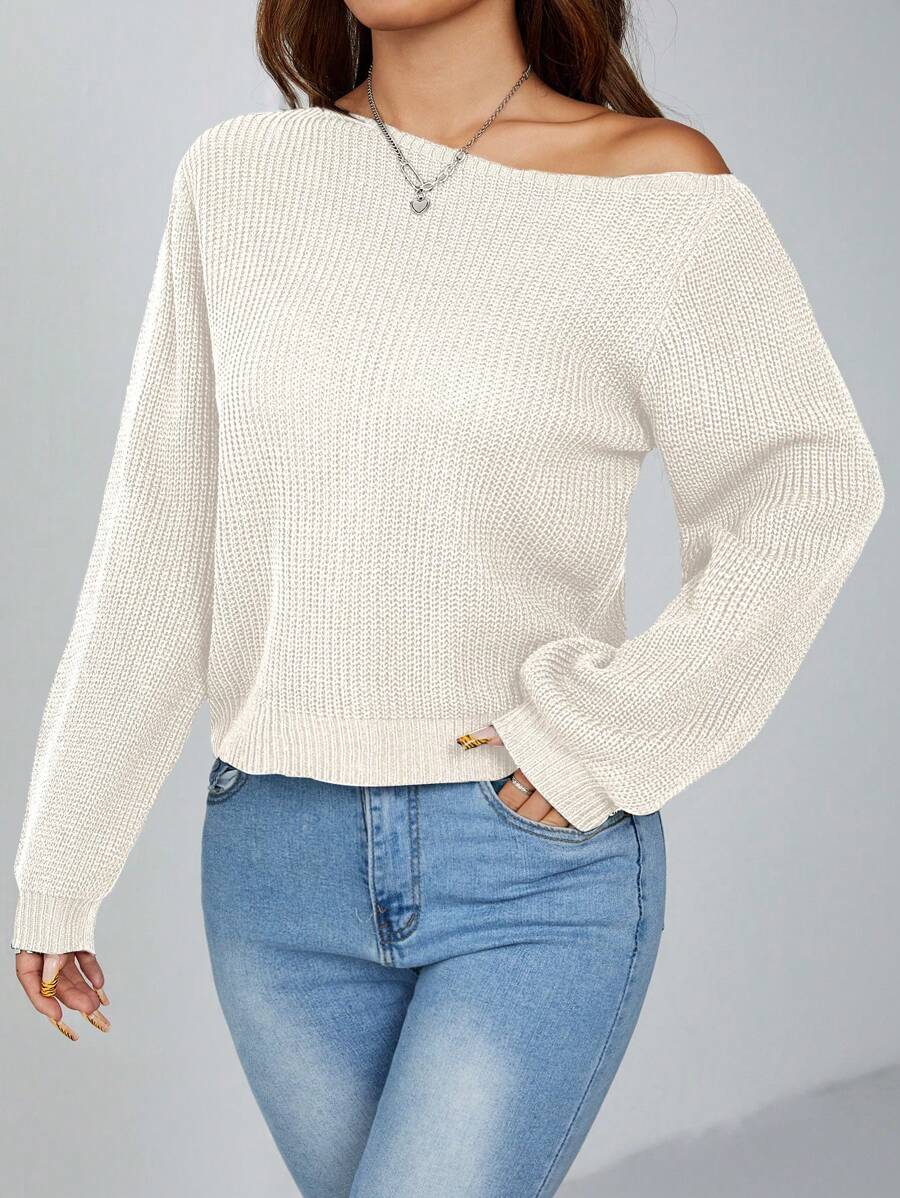 SHEIN PETITE 套头斜肩罗纹女式毛衣，长袖上衣 - 米色 - 查看 1