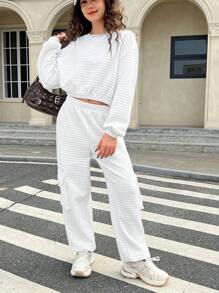 SHEIN Bộ đồ 2 món thường ngày có họa tiết màu trắng tinh khiết cho bé gái tuổi teen và quần nỉ, phong cách đường phố, trang phục nữ sinh - trắng - Xem 5