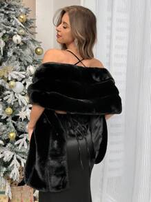 SHEIN Privé 1 chiếc áo choàng ngoài màu đen sang trọng tay ngắn mềm mại cho nữ - màu đen - Xem 2