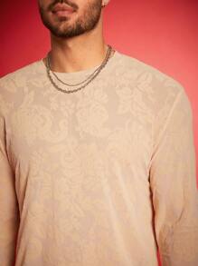 FeverCity Áo thun nam dài tay thường ngày dệt kim Jacquard màu trơn, mùa thu - Màu be - Xem 7