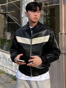 DAZY Men's Casual Contrast Color Zip-Up Stand Collar Jacket, Autumn - Black and White - View 3