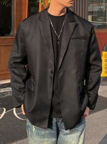 DAZY 1 件男士休闲纯色翻领夹克，秋季服装 - 黑色 - 查看 5