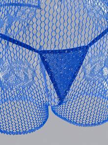 ChaseTheNight Set Lingerie Wanita Jala Elastis Tinggi Seksi dengan Hiasan Batu untuk Pergi Keluar - Royal Blue - View 4