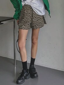 DAZY 女式弹力腰直筒豹纹短裤，适合所有季节秋季 - 卡其色 - 查看 7