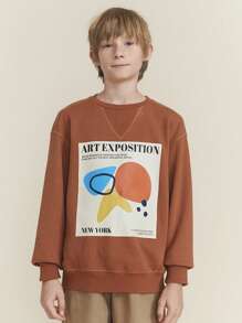 SHEIN Tween-Jungen Camel Lässig Slogan Print Rundhals Drop-Shoulder Sweatshirt, Herbst/Winter - Braun - View 1