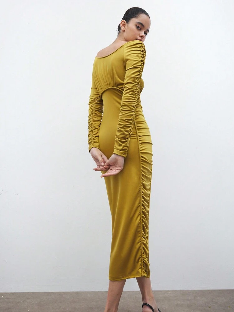 SHEIN Maija Autumn And Winter New Urban Elegant Mustard Yellow Pleated Party Women's Mid-Length Dress Suitable For Going Out On Vacation, Holiday Parties, Gatherings, Daily Leisure, Fashionable Vacation, Wedding Season, Christmas