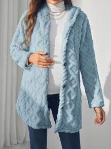 SHEIN Maternity Solid Button Front Hooded Fleece Long Sleeve Jacket, Jacket, Autumn/Winter - Blue - View 5