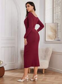 Modelyn Women Elegant Rhinestone Embellished Bodycon Knit Sweater Dress, Autumn/Winter - Burgundy - View 2