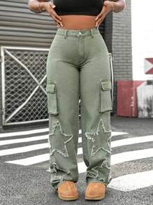SHEIN Slayr 女士星星刺绣工装口袋中腰直筒牛仔裤 - 綠色 - 查看 5
