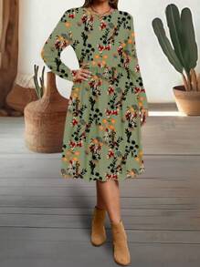 EMERY ROSE Casual Minimalist Bodycon Round Neck Long Sleeve Plus Size Dress, Suitable For Autumn/Winter