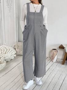 SHEIN VCAY Bộ đồ liền thân sọc xám trắng cỡ lớn, thường ngày có túi, thắt eo có khóa kéo phía trước - Nhiều màu - Xem 4