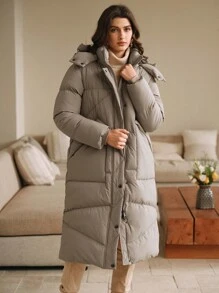 Anewsta 厚款长款连帽横缝女式大衣 - 灰色 - 查看 5