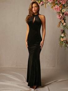 L'Amorae 女士黑色天鹅绒露背圣诞礼服 - 黑色 - 查看 5