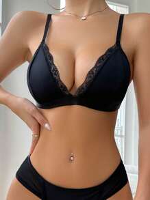 Sujetador con encaje en contraste - Negro - Ver 4