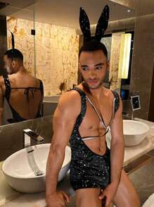 Set de 2 piezas para hombre con estampado de estrella y disfraz sexy: mono y cofia - Negro - Ver 5